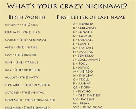 Whats Your Crazy Nickname The Demented Psycho The Name Game