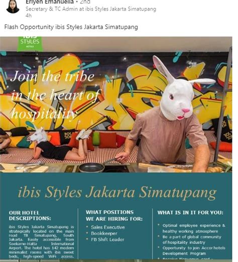 Bagi yg berminat bisa langsung menghubungi sy.terimakasih. Lowongan Kerja Hotel ibis Styles Jakarta Simatupang (3 POSISI)