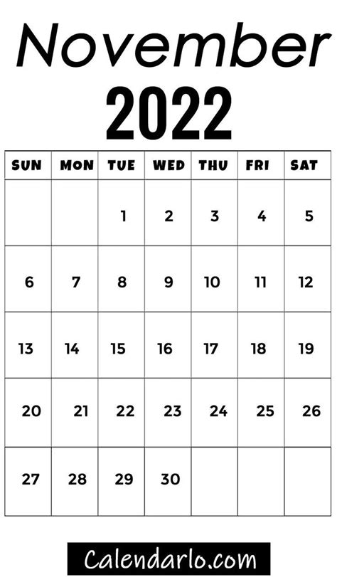 Blank November 2022 Vertical Calendar Portrait Free Printable White