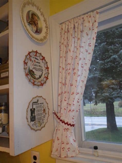 You can also use patterned curtains, and the color of the. cherry-print curtains with yellow walls