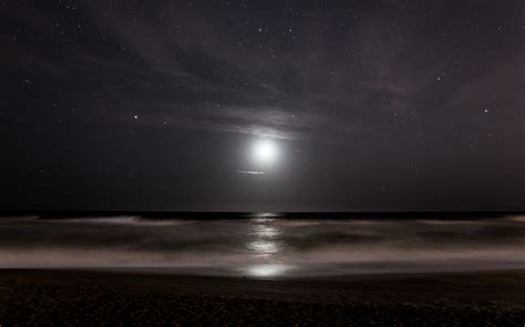 Stars Moonlight Ocean Sea Reflection Sky Waves Beach Night