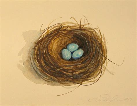Small Original Bird Nest Watercolor Three Egg Bird Nest Painting Bird