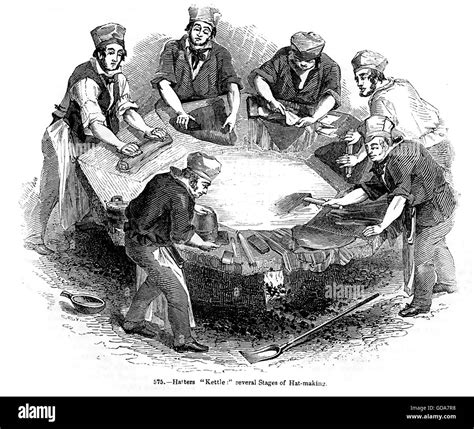 Hatters Round A Kettle 1850 Print Showing The Various Stages Of Hat Making Round A Cauldron