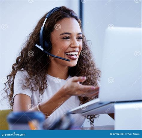 Call Center, Laptop and Funny Woman Talking in Office for Customer