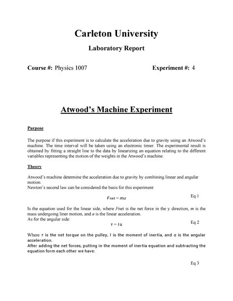 Atwoods' machine - Carleton University Laboratory Report Course