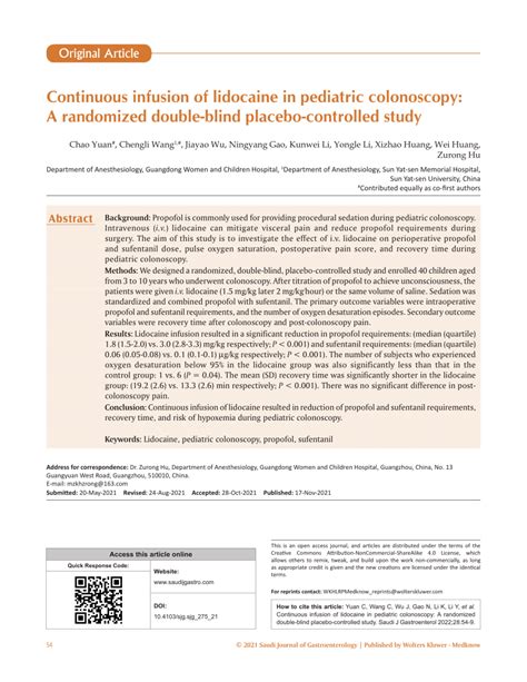 Pdf Continuous Infusion Of Lidocaine In Pediatric Colonoscopy A