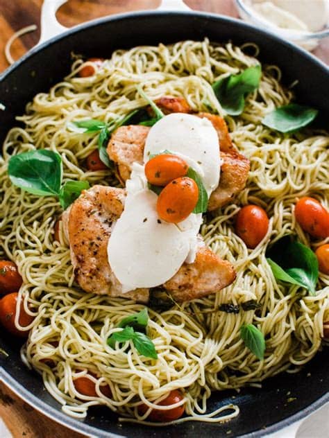 · pesto vegetable pasta combines angel hair pasta with spiralized vegetables, and is topped with my homemade pesto sauce. Chicken Caprese Pasta With Pesto Sauce - Dad With A Pan