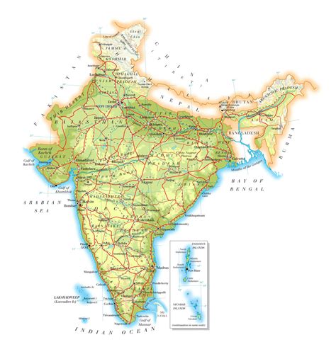Large Elevation Map Of India With Roads Cities And Airports India