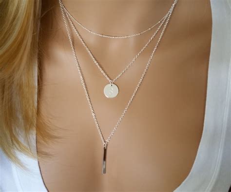 Monogram Silver Layering Necklace Layered Necklace Set Of 3 Etsy