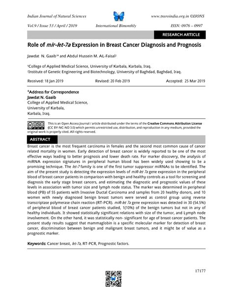 Pdf Role Of Mir Let A Expression In Breast Cancer Diagnosis And