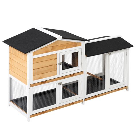 Outdoor Pens And Hutches Pawhut 2 Tier Wooden Rabbit Hutch With Upper
