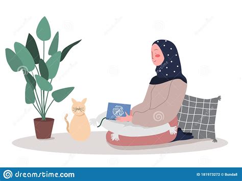 Muslim Woman Reading Quran Sitting During Ramadan Kareem Vector Flat