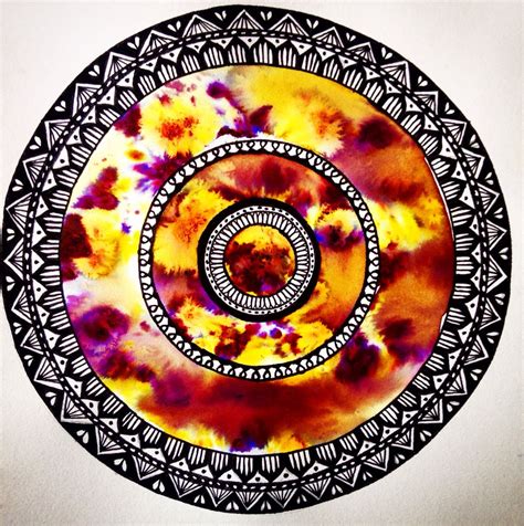 Yellow Purple And White Brusho Painting With A Mandala Black Ink
