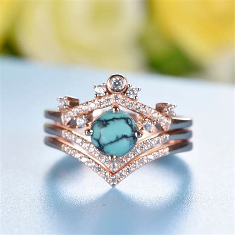 Mm Round Turquoise Engagement Ring Set K Rose Gold Diamond Etsy