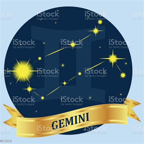 Gemini Constellation And Zodiac Sign In The Blue Circle Stock