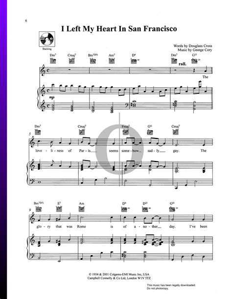 I Left My Heart In San Francisco Sheet Music Piano Voice Guitar Oktav