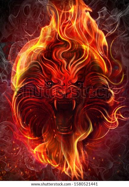 Lion Fire Art Digital Art Style Stock Illustration