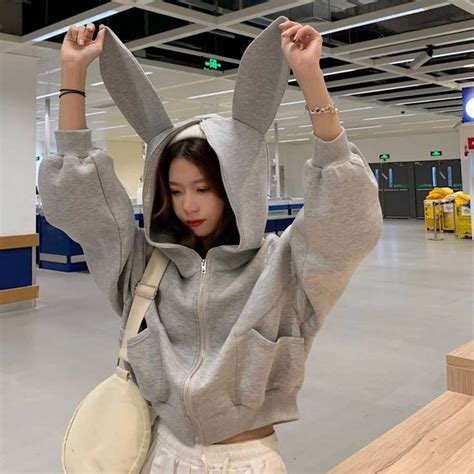 Casual Loose Bunny Ears Hoodie Outerwear Hooded Tops Hooded Sweater