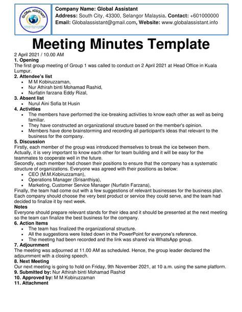 Minutes Of Meeting Example Sample Elements And Advantages