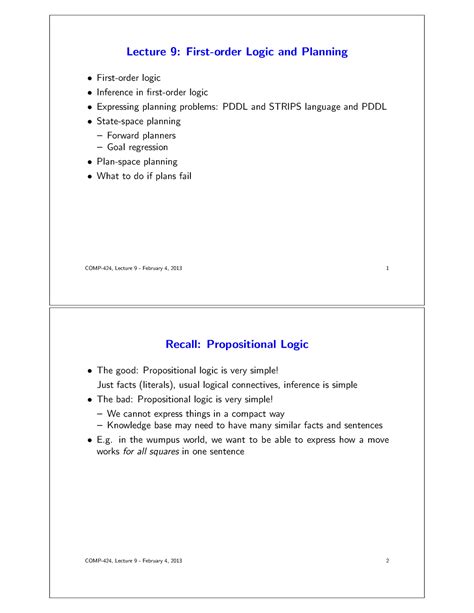 Ai Lecture 09 Benefits Lecture 9 First Order Logic And Planning