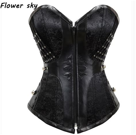 flower sky steampunk corsets and bustiers rivet corset pu leather gothic punk corset zip