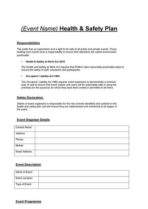 Health And Safety Plan Template Addictionary