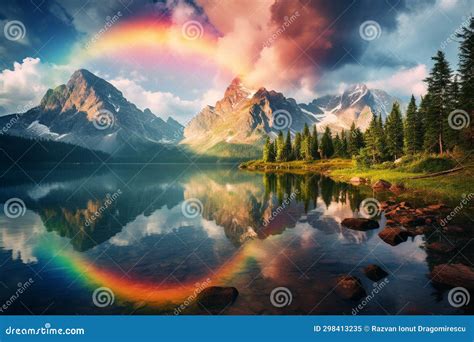 Vibrant Lake Landscape Nestled Amid Majestic Peaks, Capturing Nature S