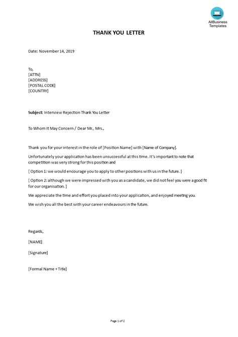 Rejection Letter Interview Job Candidate Templates At