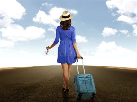 Woman Holding Suitcase Walking On The Road Stock Photo Image Of Look