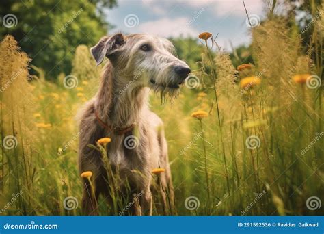 Irish Wolfhound Dog Standing In Meadow Field Surrounded By Vibrant