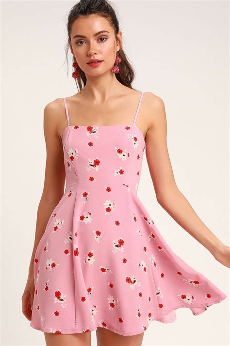 Blithe Pink Floral Print Skater Dress Pink Dress Casual Cute Dresses