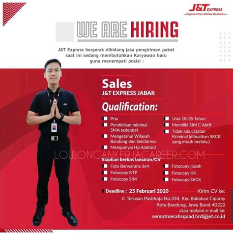 Ada perusahaan yang sedang membuka kesempatan lowongan kerja staff, j&t express, personal assistant, staf administrasi, front desk agent dan banyak lagi di daerah denpasar melalui indeed.com. Lowongan Kerja J&T Express Bandung Terbaru 2020 - Loker Karir