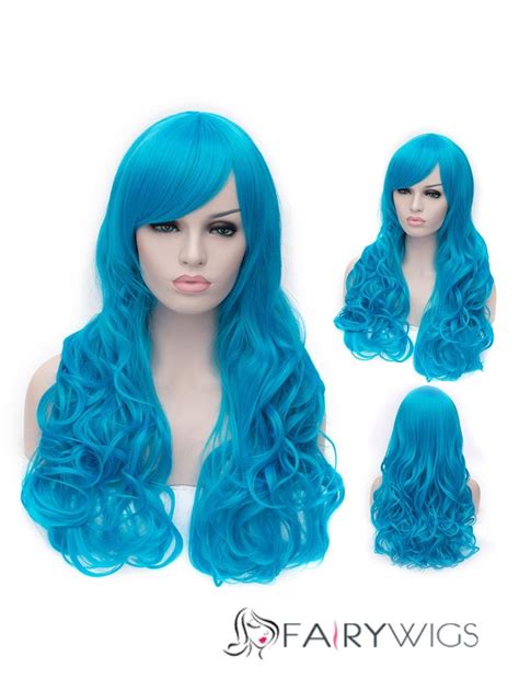 Romantic Blue Wavy Side Bang Synthetic Wig Long Curly Wavy Cosplay