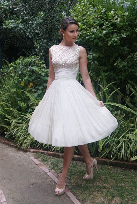 Vintage 1950s White Chiffon Dress With Full Skirt And Sequin Top