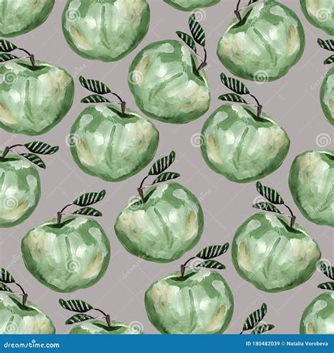 Hand Drawn Seamless Pattern With Green Apples Stock Illustration