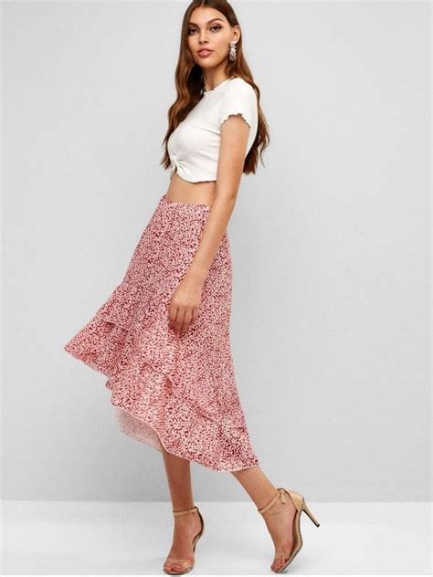 Floral Ruffles Asymmetrical Skirt Red White Womens Skirt