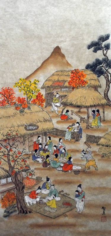 Traditional Korean Folk Autumn Plowing Original Watercolor Painting