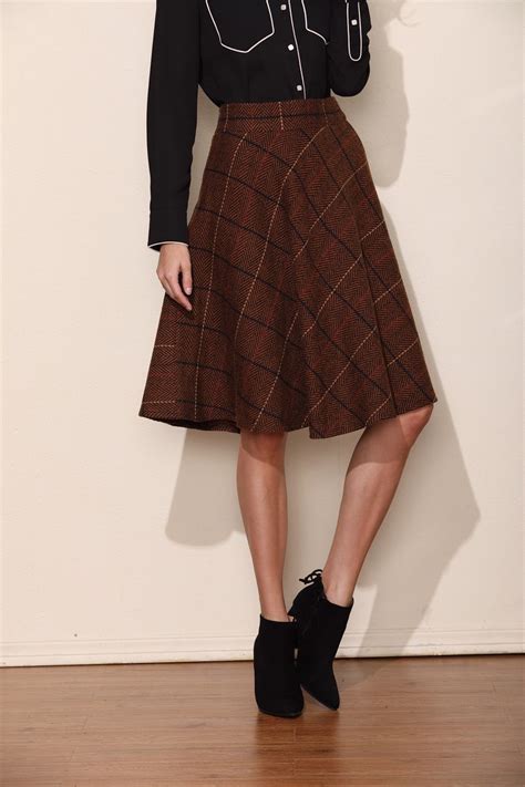 Brown Grid Women Wool Knee Skirt Woolen Wool Party Skirt Etsy