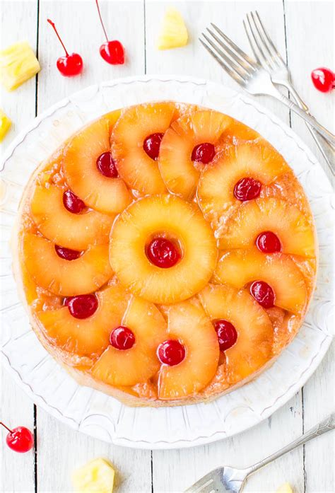 Immediately place heatproof serving plate upside down over pan; Easy Pineapple Upside Down Cake (From Scratch ...