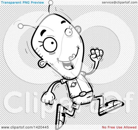 Clipart Of A Cartoon Black And White Lineart Doodled Female Alien