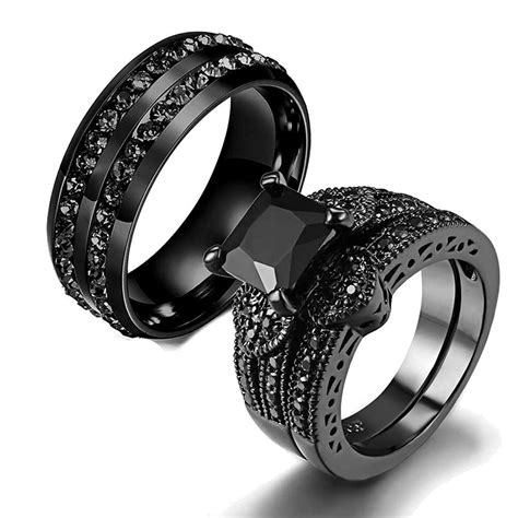 Gy Jewelry Couple Ring His Hers Women Black Gold Filled Cz Men Stainless Steel Bridal Sets