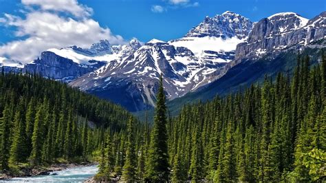 Green Water Mountains Clouds Landscapes Nature Snow Trees White Forests Canada