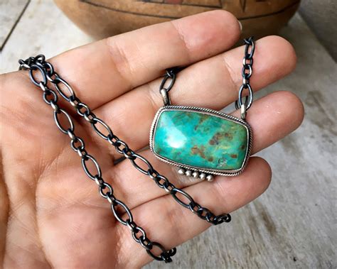 Navajo Esther Spencer Turquoise Bar Necklace With Oxidized Sterling