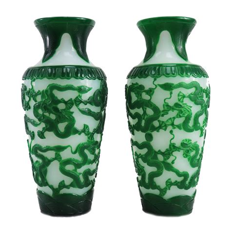 Pair Of Vintage Chinese Peking Vases Green Dragon Overlay Baum Galleries