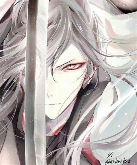 His black hair has been cut short with bangs reaching his eye level. Anime boy with white hair and yellow eyes and sword ...