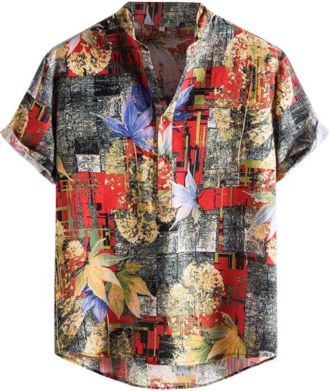 Bibokaoke Herren Hemden Kurzarm Hawaii Blumenhemd Leinenoptik Sommer Hemd Fashion Bedrucktes