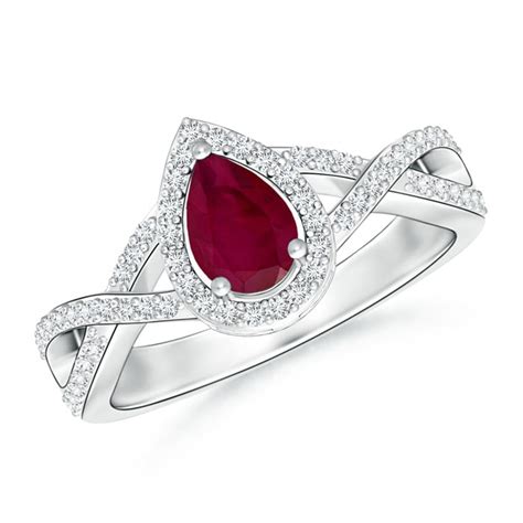 Angara July Birthstone Ring Twist Shank Pear Ruby Ring With Diamond