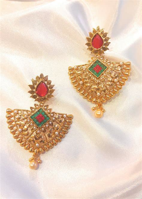Get Red Green Stone Traditional Gold Triangle Earrings At