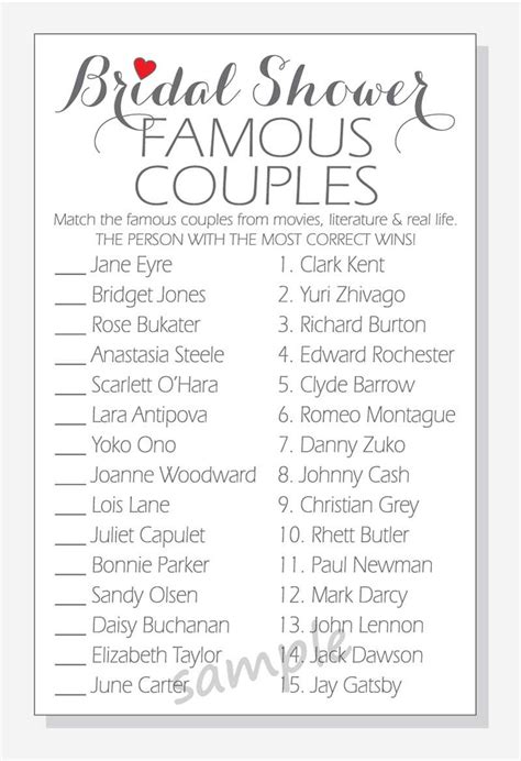 Diy Famous Couples Game Printable Cards For A Bridal Shower Etsy