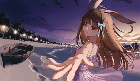 Beach Bunny Ears Anime Girls Animal Ears Sunset Sun Dress Brown